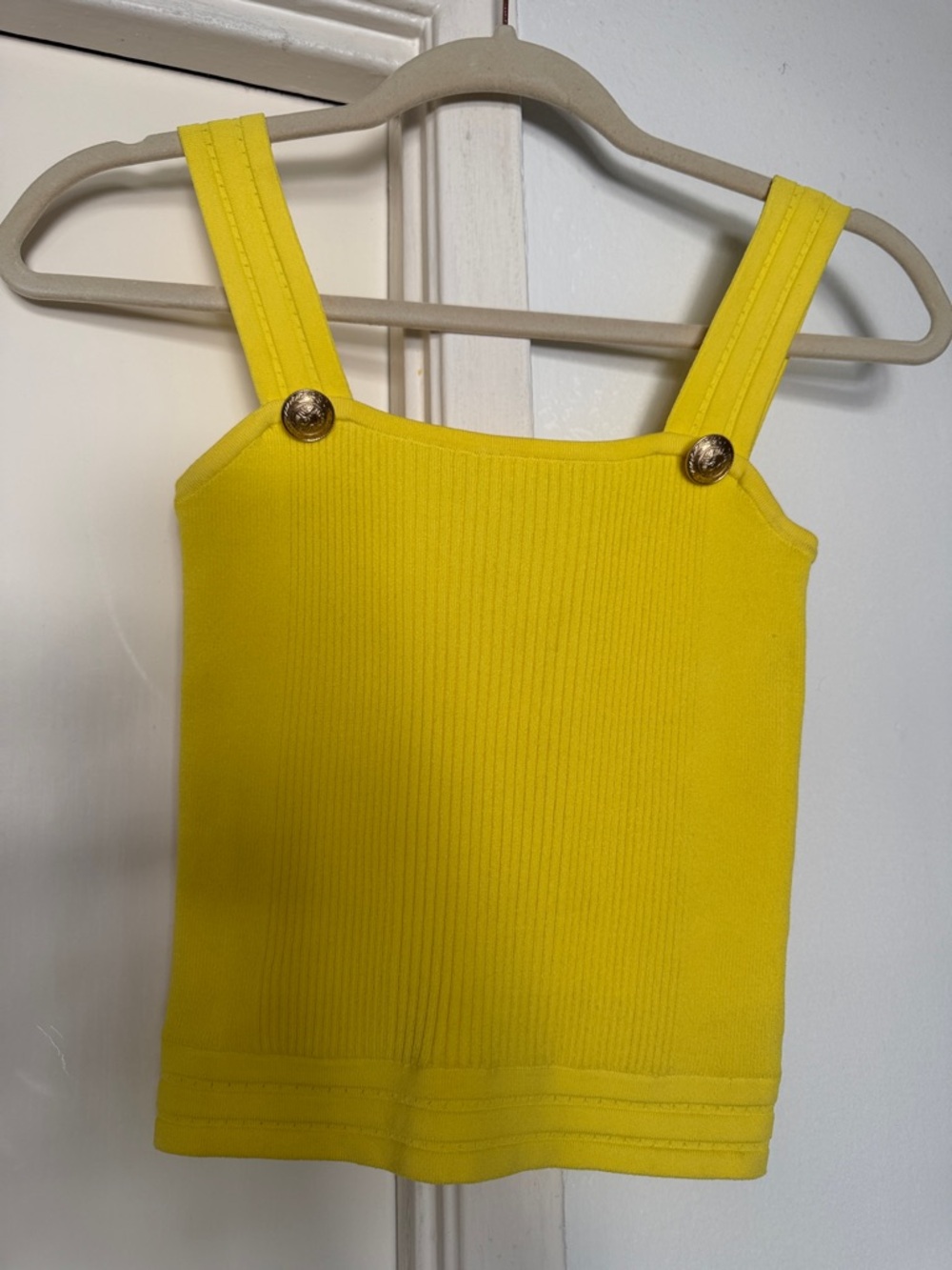 L'AGENCE Yellow Ribbed Square-Neck Tank Top with Gold Buttons